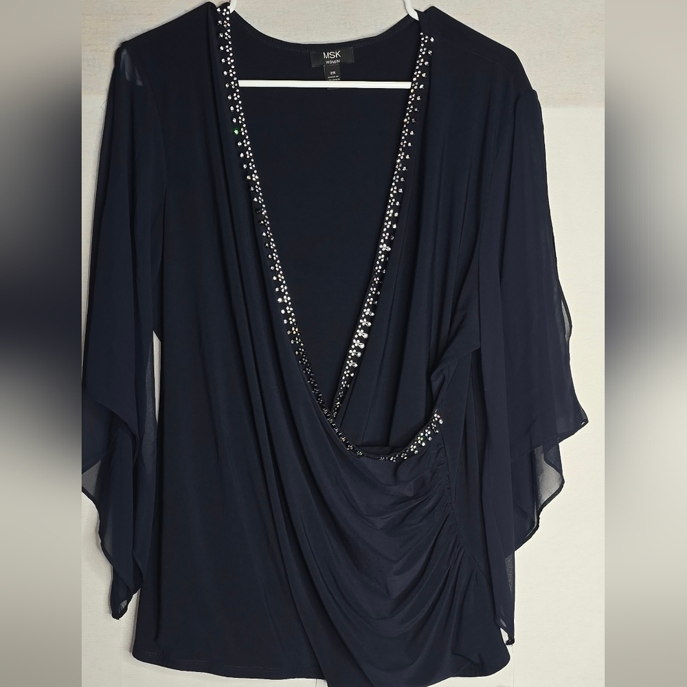 NWT MSK Womens Draped Faux Wrap Blouse 3/4 Split Sleeve Embellished Neck Size 2x